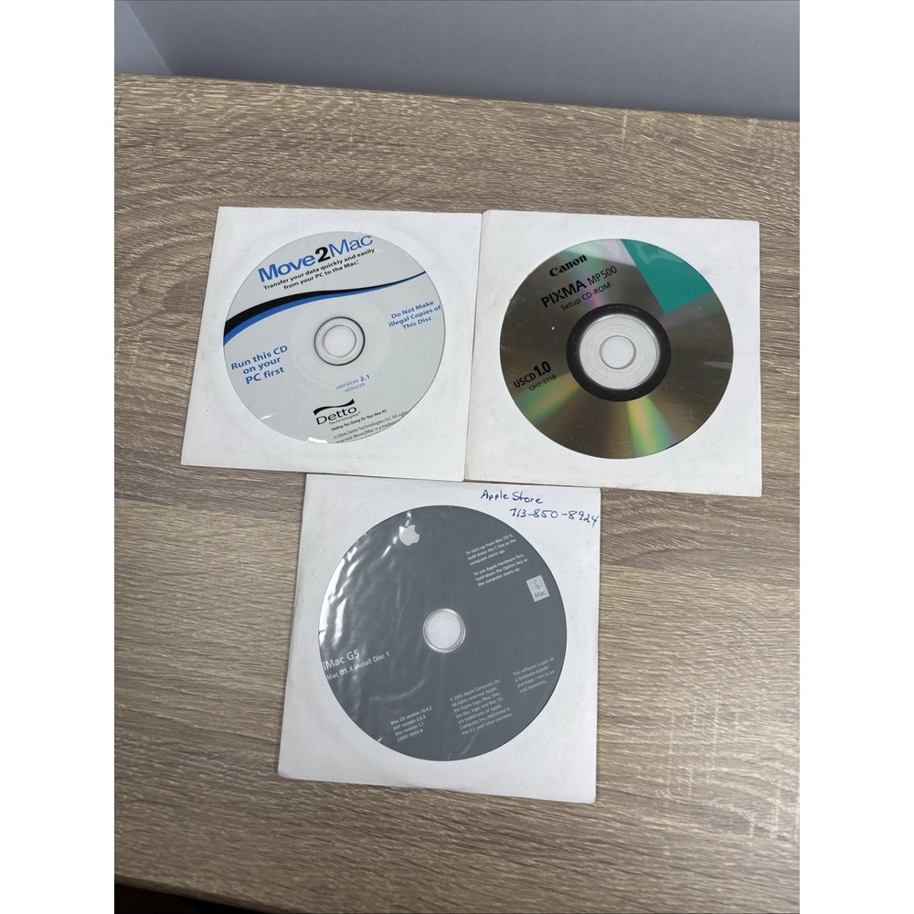 Lot of 3 Vintage Software CDs: Apple iMac G5 OS X 10.4.2, Move2Mac, Canon MP500
